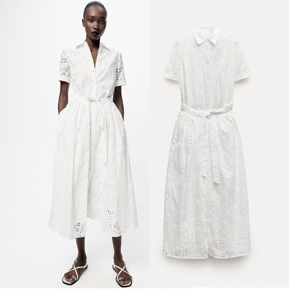 Zara White Eyelet Midi Shirt Dress 2614